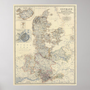 Póster Mapa del vintage de Dinamarca (1861)