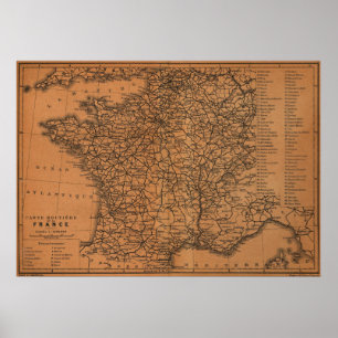 Póster Mapa del vintage de ferrocarriles en Francia