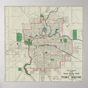 Póster Mapa del vintage de fuerte Wayne Indiana (1919)
