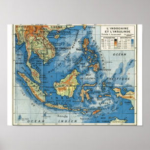 Póster Mapa del vintage de Indonesia, texto en francés