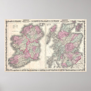 Póster Mapa del vintage de Irlanda y de Escocia (1862)
