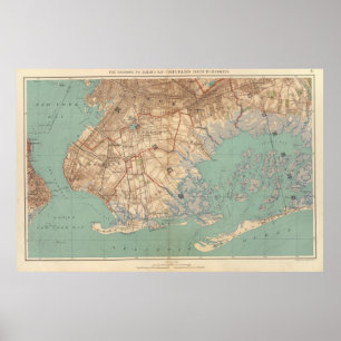 Póster Mapa del vintage de la bahía y de Brooklyn NY