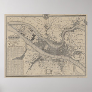 Póster Mapa del vintage de Lyon Francia (1854)