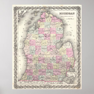 Póster Mapa del vintage de Michigan (1855)