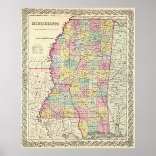 Póster Mapa del vintage de Mississippi (1856)