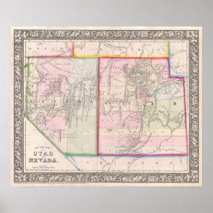 Póster Mapa del vintage de Nevada y de Utah (1866)