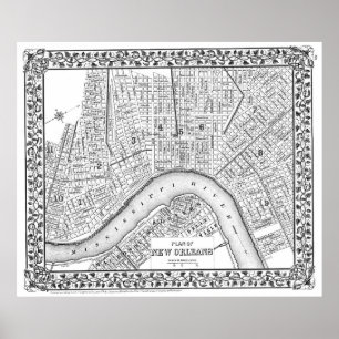 Póster Mapa del vintage de New Orleans (1880) BW