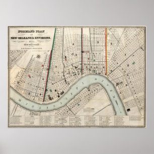 Póster Mapa del vintage de New Orleans Luisiana (1845)