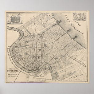 Póster Mapa del vintage de New Orleans Luisiana (1885)