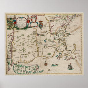 Póster Mapa del vintage de Nueva Inglaterra (1675)