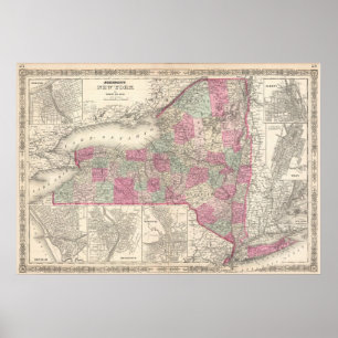 Póster Mapa del vintage de Nueva York (1864)