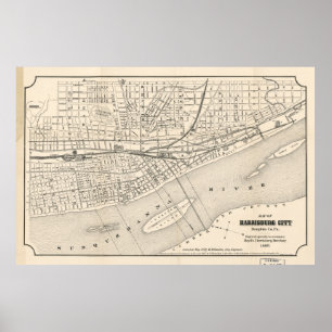 Póster Mapa del vintage de PA de Harrisburg (1877)