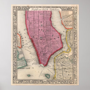 Póster Mapa del vintage de un New York City más bajo