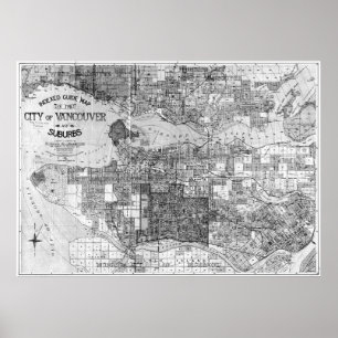 Póster Mapa del vintage de Vancouver Canadá (1920) BW