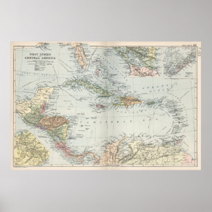 Póster Mapa del vintage del del Caribe (1892)