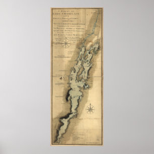 Póster Mapa del vintage del lago Champlain (1865)
