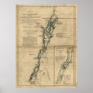 Póster Mapa del vintage del lago Champlain y del lago