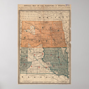 Póster Mapa del vintage del norte y de Dakota del Sur