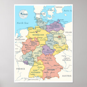 Póster Mapa detallado de Alemania