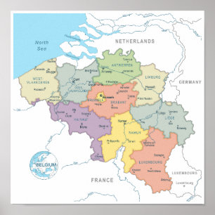 Póster Mapa detallado de Bélgica