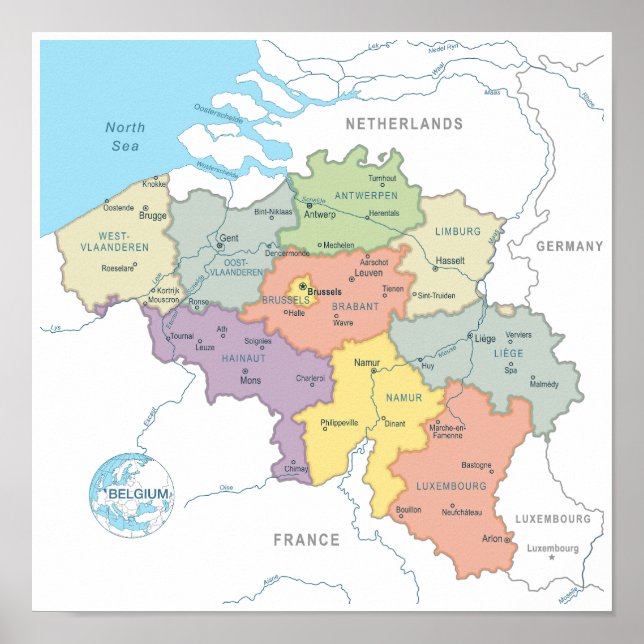 Póster Mapa detallado de Bélgica (Frente)