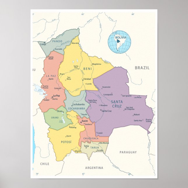 Póster Mapa detallado de Bolivia (Frente)