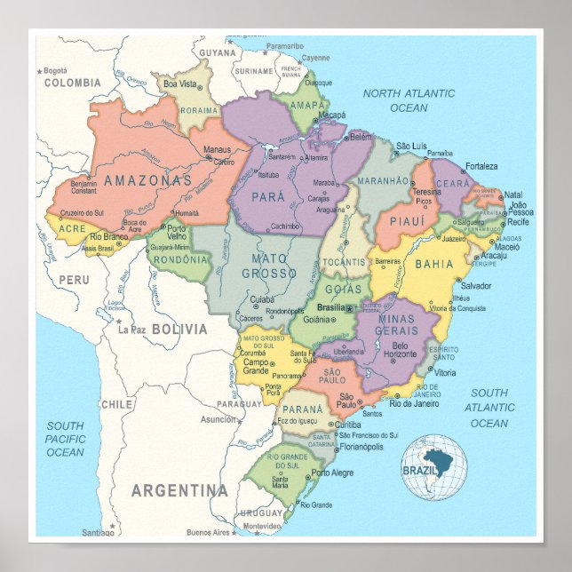 Póster Mapa detallado de Brasil (Frente)