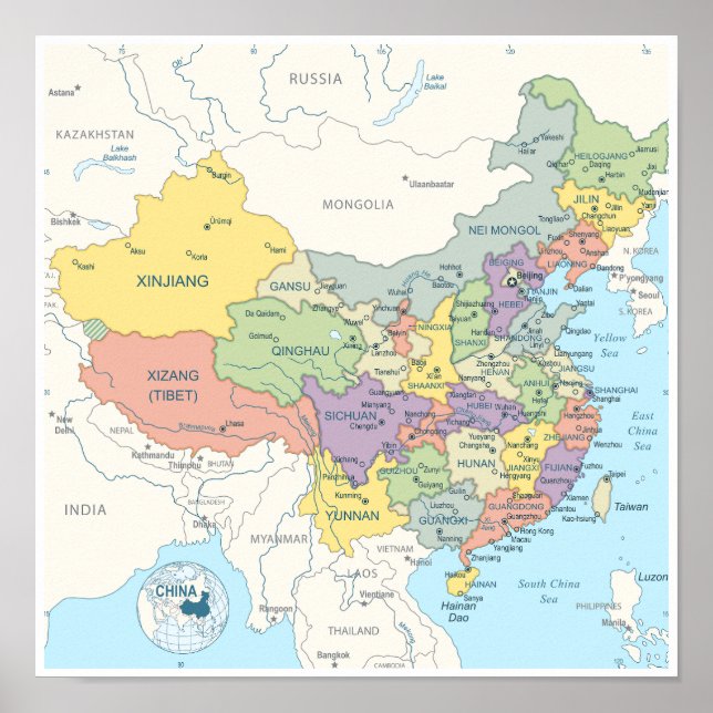 Póster Mapa detallado de China (Frente)