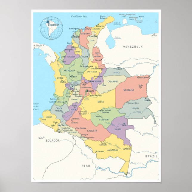Póster Mapa detallado de Colombia (Frente)