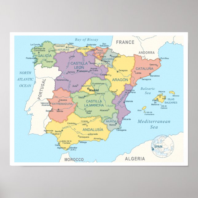 Póster Mapa detallado de España (Frente)