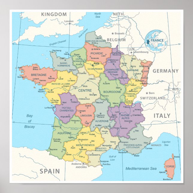 Póster Mapa detallado de Francia (Frente)