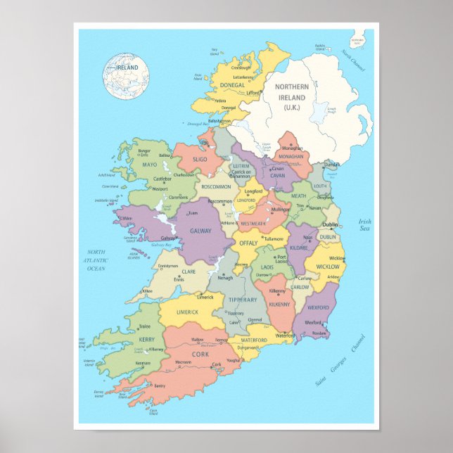 Póster Mapa detallado de Irlanda (Frente)