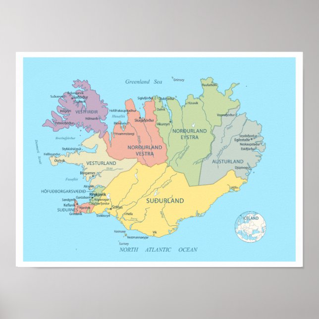 Póster Mapa detallado de Islandia (Frente)