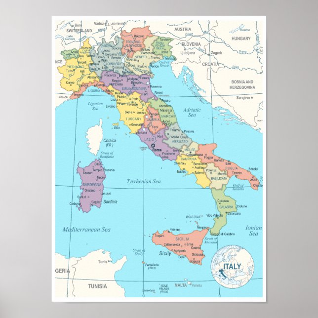 Póster Mapa detallado de Italia (Frente)