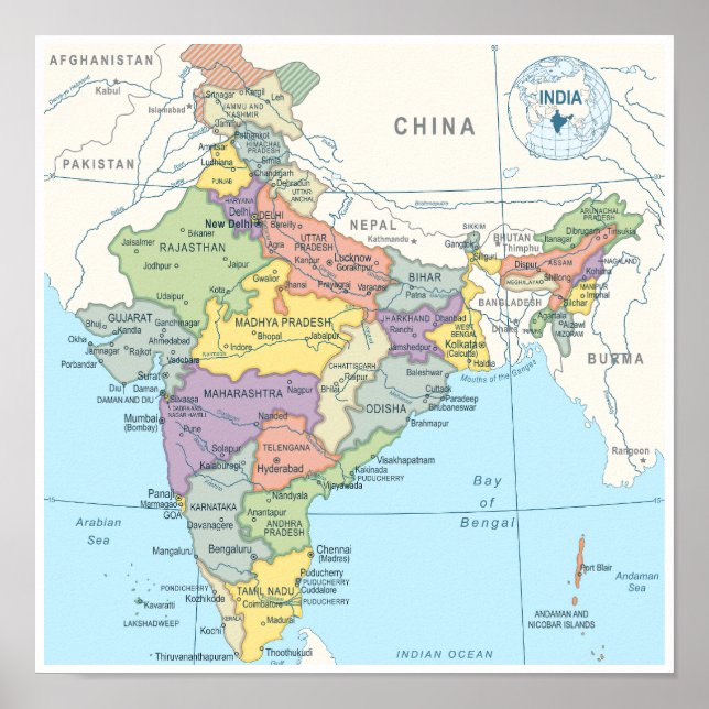 Póster Mapa detallado de la India (Frente)