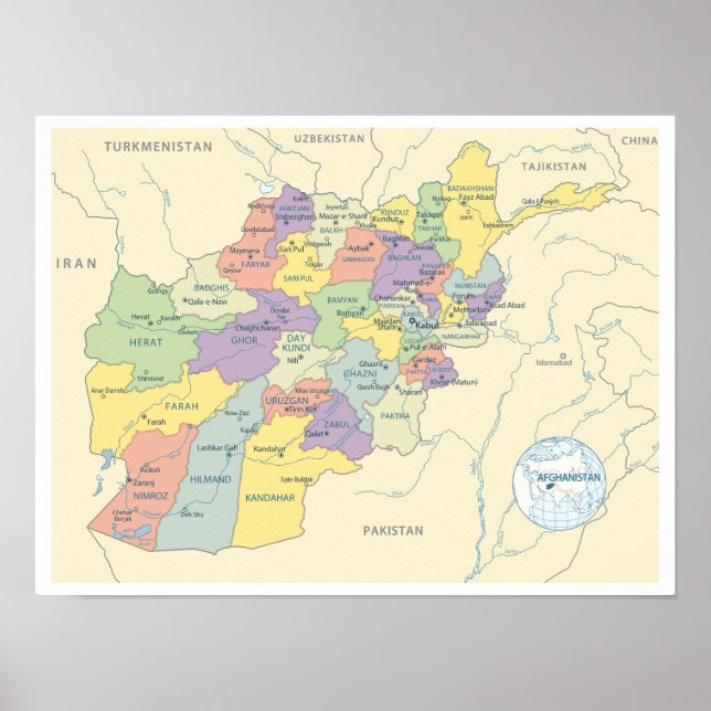 Póster Mapa detallado de las regiones de Afganistán (Frente)