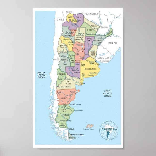 Póster Mapa detallado de las regiones de Argentina (Frente)