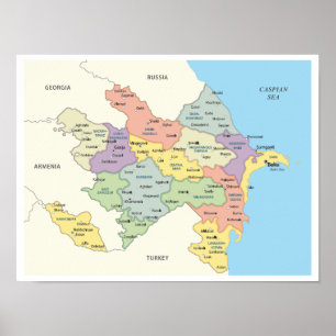 Póster Mapa detallado de las regiones de Azerbaiyán