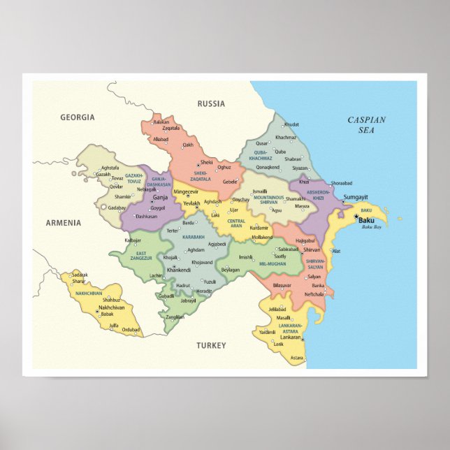 Póster Mapa detallado de las regiones de Azerbaiyán (Frente)