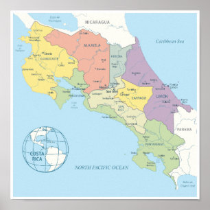 Póster Mapa detallado de las regiones de Costa Rica