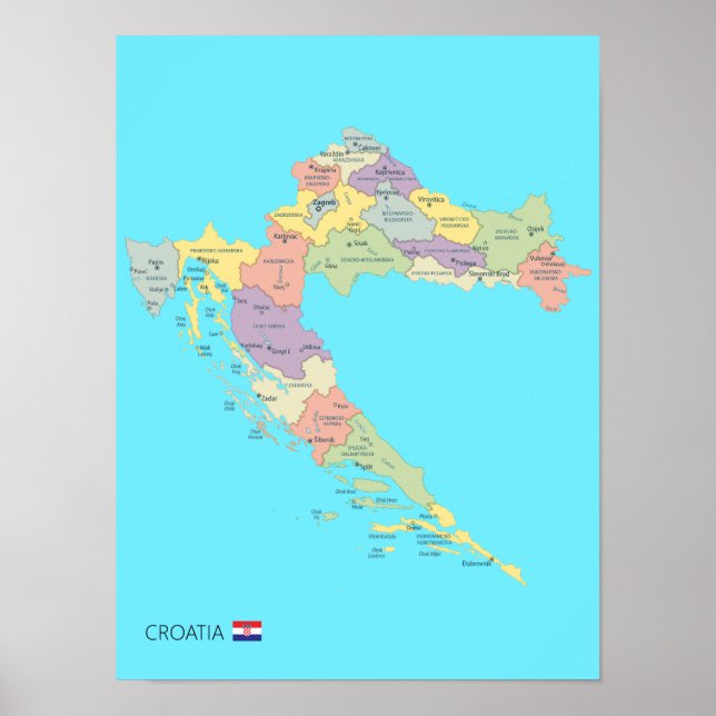 Póster Mapa detallado de las regiones de Croacia (Frente)