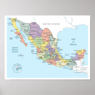 Póster Mapa detallado de México