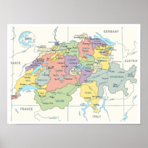 Póster Mapa detallado de Suiza