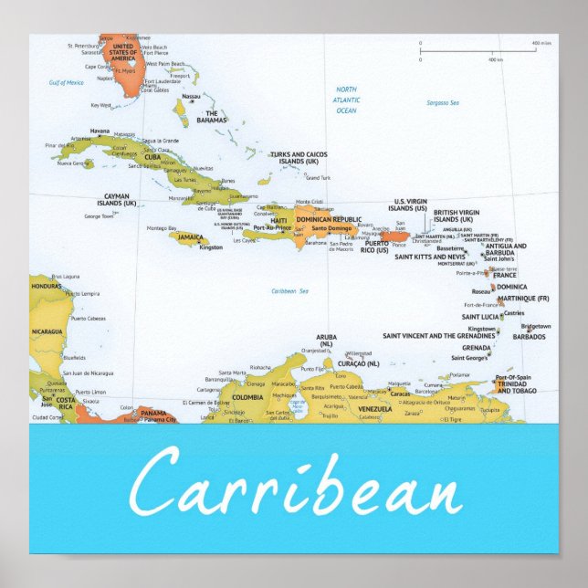 Póster Mapa detallado del Caribe (Frente)