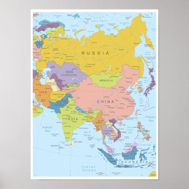 Póster Mapa detallado del continente asiático (Frente)