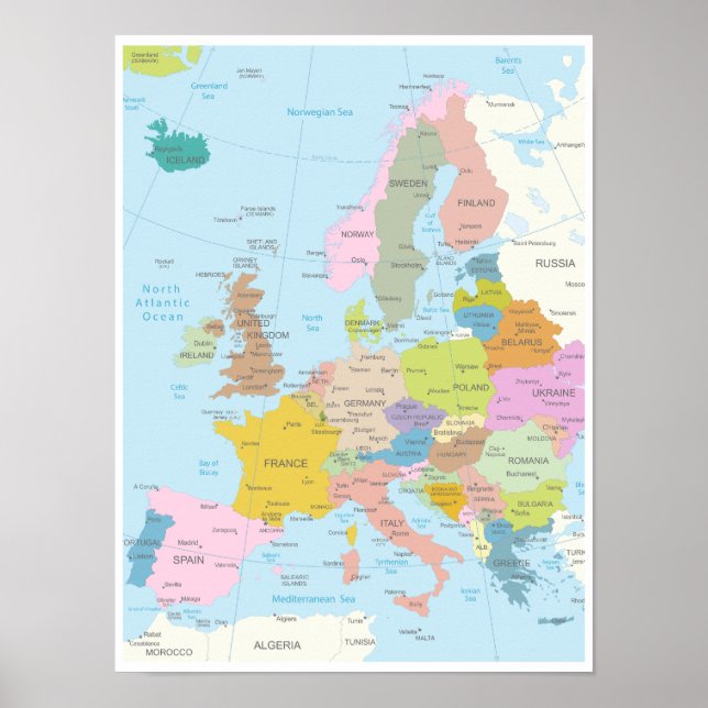 Póster Mapa detallado del continente europeo (Frente)