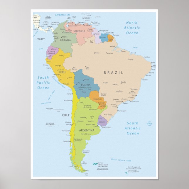 Póster Mapa detallado del continente sudamericano (Frente)