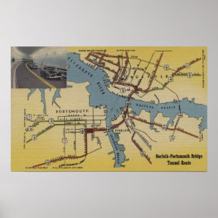 Póster Mapa detallado del túnel puente Norfolk-Portsmouth