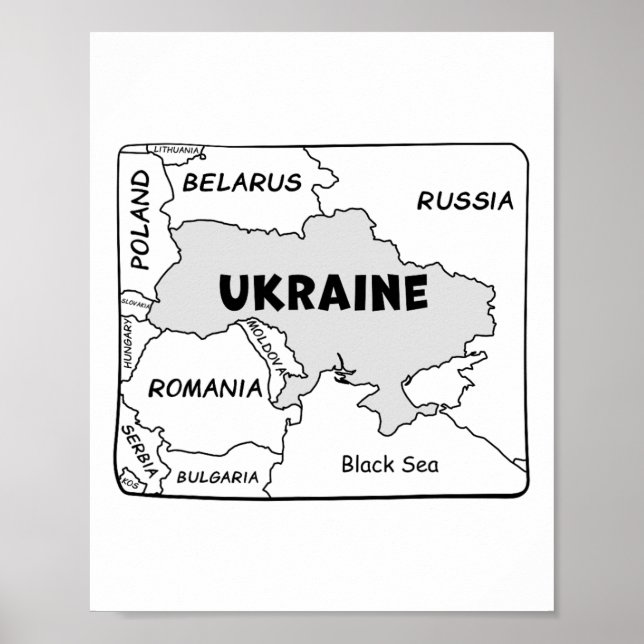 Póster Mapa dibujado a mano con línea negra de Ucrania y  (Frente)