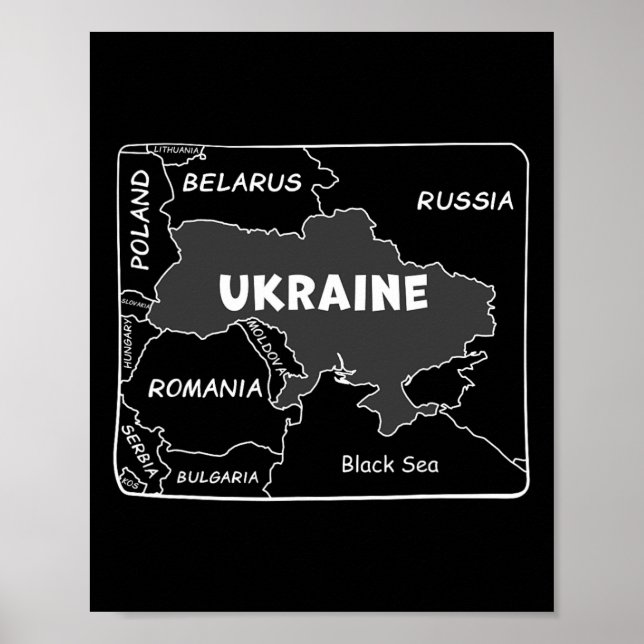 Póster Mapa dibujado a mano de línea blanca de Ucrania y  (Frente)